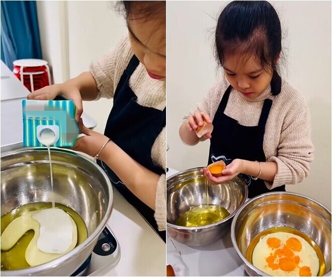 Bé Gà cẩn thận đong đo nguyên liệu và tách lòng đỏ trứng gà.